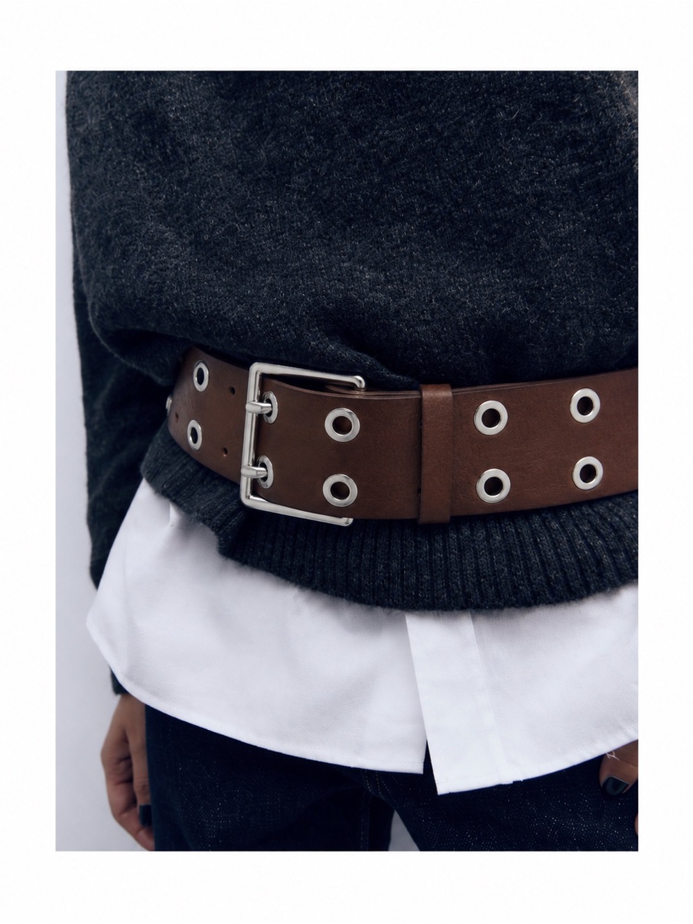 ZARA Wide Eyelet Leather Belt -brown